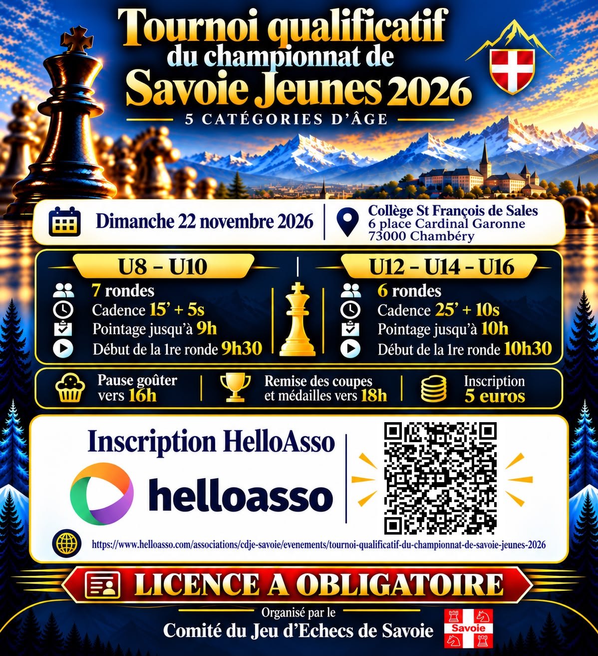 Affiche du tournoi qualificatif du championnat de Savoie Jeunes 2026, dimanche 22 novembre 2026 à Chambéry
